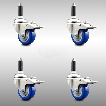 Service Caster 3 Inch 316SS Blue Poly Swivel 7/8 Inch Expanding Stem Caster Set Lock Brake SCC-SS316TTLEX20S314-PPUB-BLUE-78-4